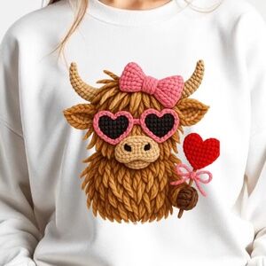 Highland Cow with Heart Glasses Valentine’s Day Sweatshirt 🧶 Crochet Cutie: